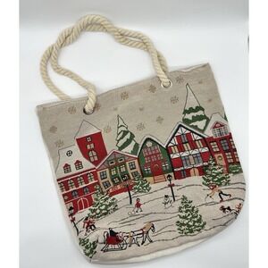 Christmas Holiday Tote Canvas Bag Rope Straps Snowy Buildings Fabric New
